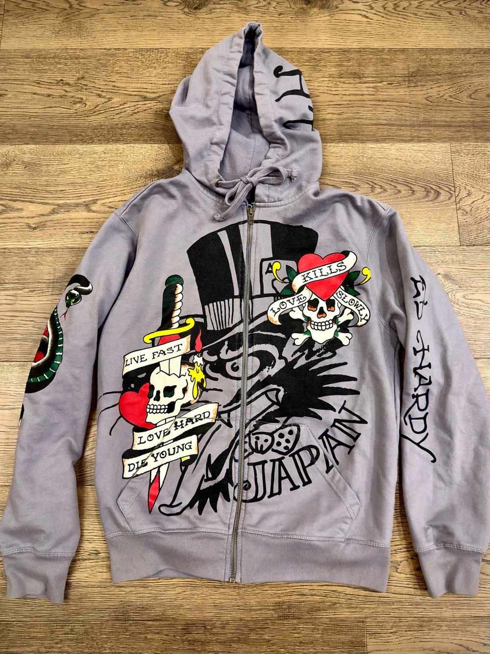 Ed Hardy Gray Skull & Heart Zip Hoodie Small